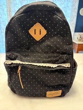 Polka Dot Black Canvas Backpack with Lace Trim